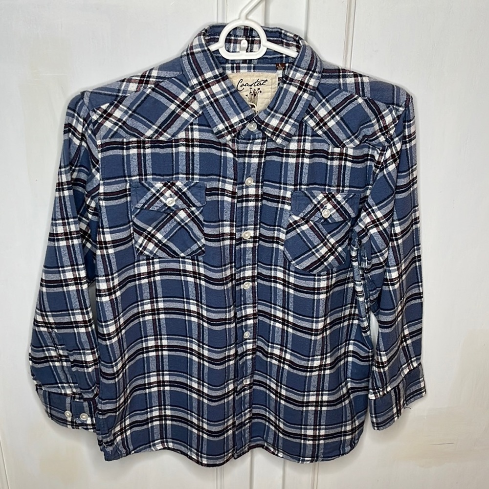 Coastal Boys Size Large Blue Red Navy Plaid Long Sleeve Button Up Flannel